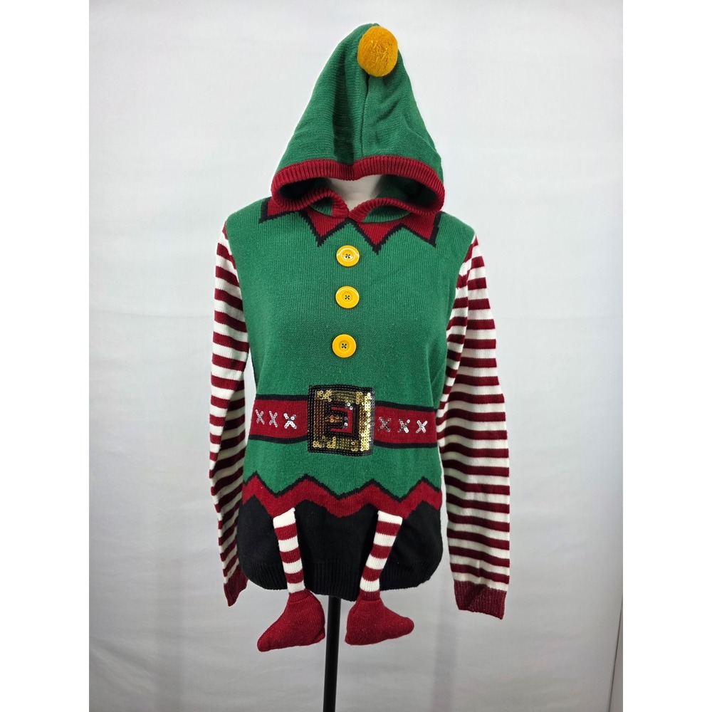 Next With Love Elf Christmas Sweater Hoodie Green Striped Sequin Size 8